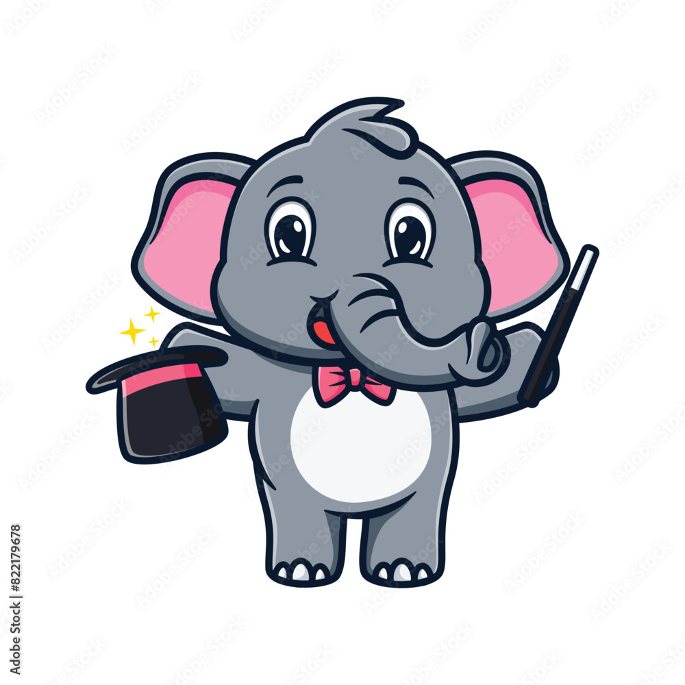Naklejka premium cartoon illustration design of a cute and kawaii elephant playing magic