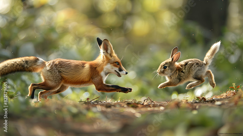 Cunning Fox Hunting Rabbit in Meadow   Photo Realistic Concept Emphasizing Speed and Precision of Predator in Action photo