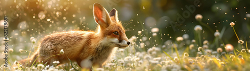 Photo realistic as Fox hunting rabbit concept: A fox hunting a rabbit in a meadow, showcasing the cunning and speed of this small predator   Stock Photo Concept photo