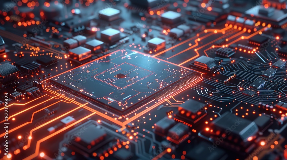 Abstract technology background featuring a quantum computing system with a processor and electronic circuits, artificial neurons, and global data connections. Abstract technology background featuring a quantum computing system with a processor and electronic circuits, artificial neurons, and global data connections.