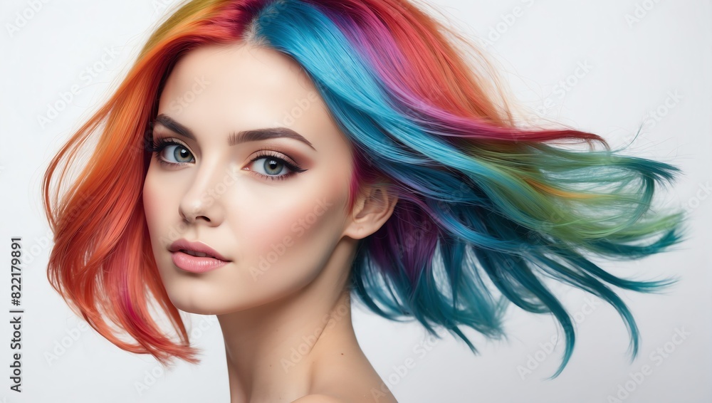 headshot of colorful hair beautiful woman model on plain white background studio from Generative AI