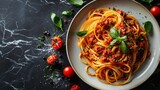 ，at Sauce Pasta with Carrot Noodles on White Plate - Tempting 4K Wallpaper with AI-generated Background，The shot is a medium shot taken from a low angle top view,noodles on a white plate on a dark mar