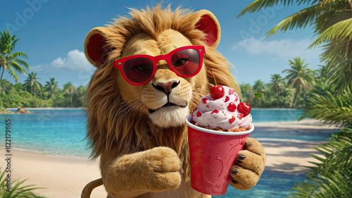 A lion in red sunglasses holds an ice cream in a cup against the background of the pool
