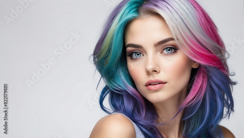 headshot of colorful hair beautiful woman model on plain white background studio from Generative AI
