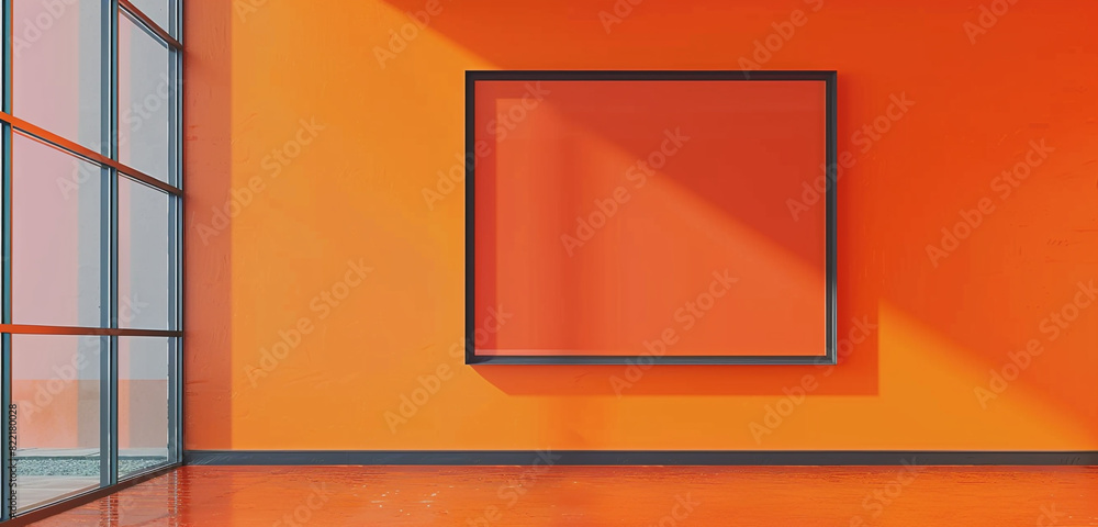 Bright and energetic oversized square empty frame on a vibrant orange wall in an art gallery. Bright and energetic oversized square empty frame on a vibrant orange wall in an art gallery.