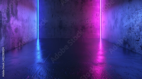 A futuristic sci-fi abstract rendering of blue and purple neon light shapes on black background and reflective concrete with empty space for text.