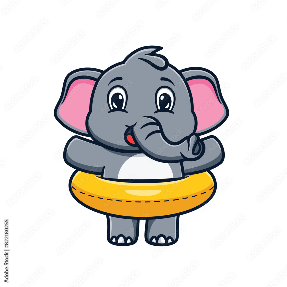 Fototapeta premium cartoon illustration design of a cute and kawaii elephant wearing a swimming float
