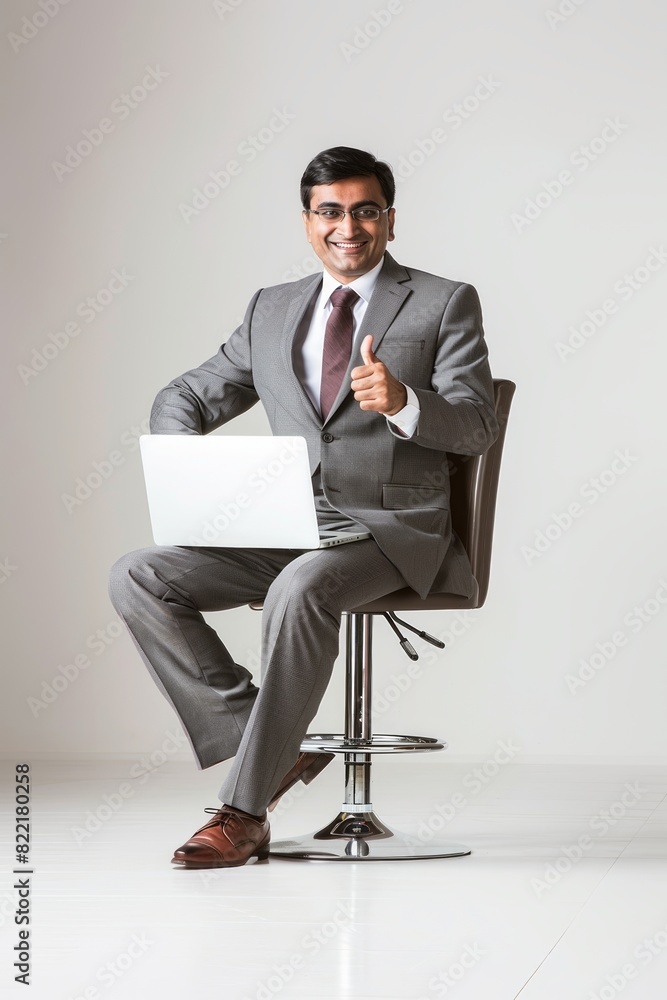 A smiling Indian man in sits on a bar chair with a laptop giving a thumbs up A smiling Indian man in sits on a bar chair with a laptop giving a thumbs up