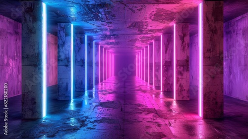 3D rendering of a futuristic sci-fi modern club background in grunge concrete with neon lights in purple and blue.