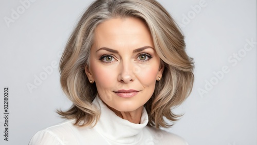 headshot of middleaged beautiful woman model on plain white background studio from Generative AI