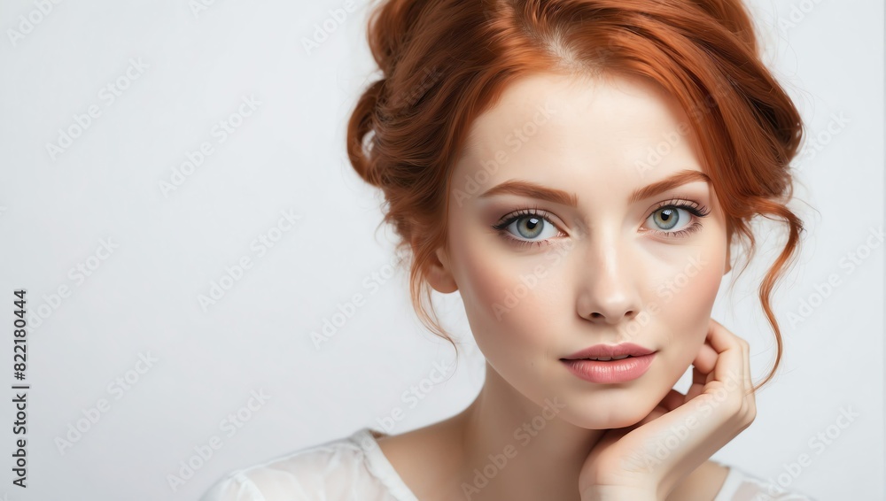 headshot of redhead beautiful woman model on plain white background studio from Generative AI headshot of redhead beautiful woman model on plain white background studio from Generative AI
