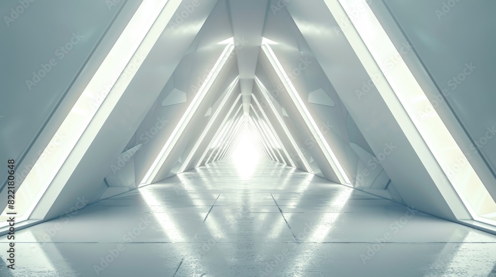 A futuristic sci-fi triangle tunnel in the middle of an empty long light corridor surrounded by a white modern background. A futuristic sci-fi triangle tunnel in the middle of an empty long light corridor surrounded by a white modern background.