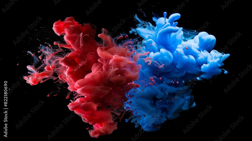 Obraz premium Several acrylic blue and red colors on water with ink blots. Abstract black background.