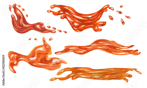 Apricot orange jam and juice, poured in waves and splashes. Watercolor illustration for design templates of sweet harvest, summer fruits, juices, canned food, marmalade and sweets