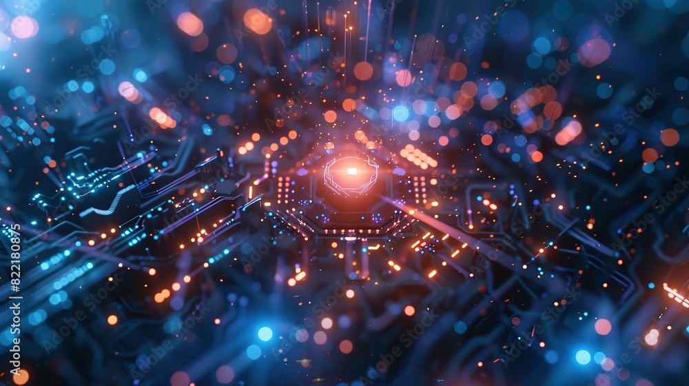 Abstract technology background featuring a quantum computing system with a processor and electronic circuits, artificial neurons, and global data connections. Abstract technology background featuring a quantum computing system with a processor and electronic circuits, artificial neurons, and global data connections.