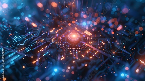 Abstract technology background featuring a quantum computing system with a processor and electronic circuits  artificial neurons  and global data connections.