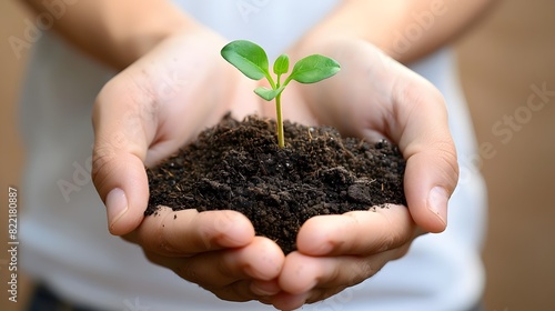 Hands holding soil with small plant growing, symbolizing growth and environmental care . 