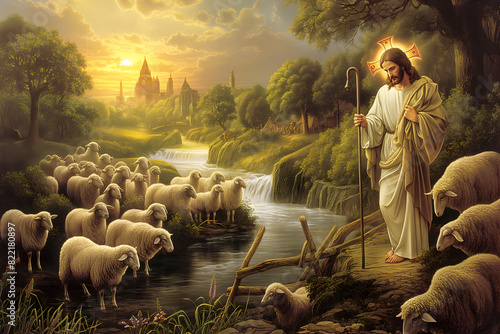 Artistic painting Jesus Christ, good shepherd and flock of sheep