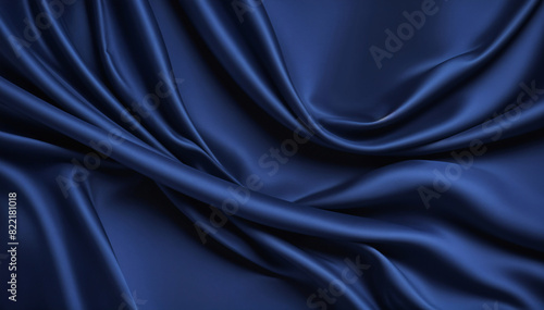 Blue smooth fabric surface background. Elegant navy blue silk with folds like waves. Dark blue texture background.