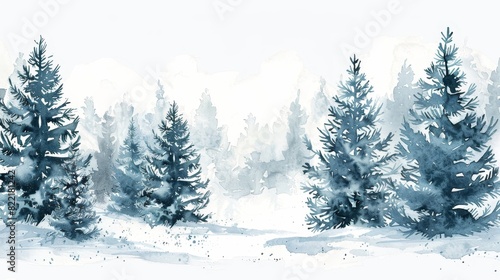 Hand drawn watercolor coniferous forest illustration, spruce. Winter nature background, holiday background, conifer, snow, outdoor, snowy rural landscape. Mysterious fir or pine trees for winter