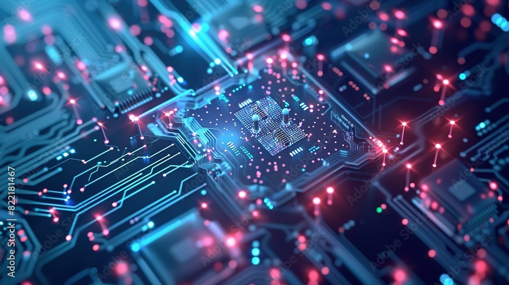 Abstract technology background featuring a quantum computing system with a processor and electronic circuits, artificial neurons, and global data connections. Abstract technology background featuring a quantum computing system with a processor and electronic circuits, artificial neurons, and global data connections.