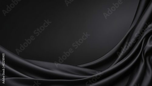 Black smooth fabric surface background. Elegant black silk with folds like waves. Dark texture background.