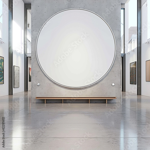 Contemporary gallery with a large circular blank poster as the centerpiece, exuding elegant minimalism. photo