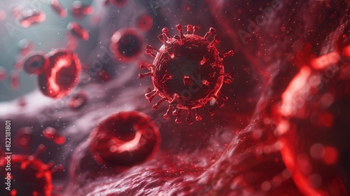 The Corona Virus in Red Artery Concept - Microbiology and Virology 3D Animation photo