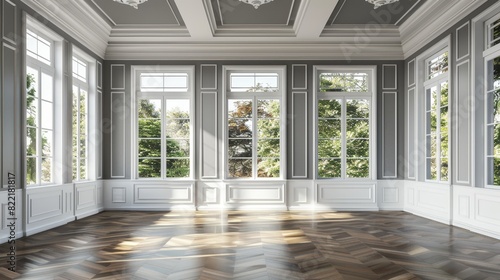 A classically decorated empty room interior 3D render. The spaces have wooden floors and gray walls, decorative with white moulding, and white windows overlooking nature. photo