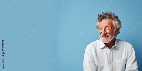 Blue background Happy european white man grandfather realistic person portrait of young beautiful Smiling old man Isolated on Background Banner with copyspace 