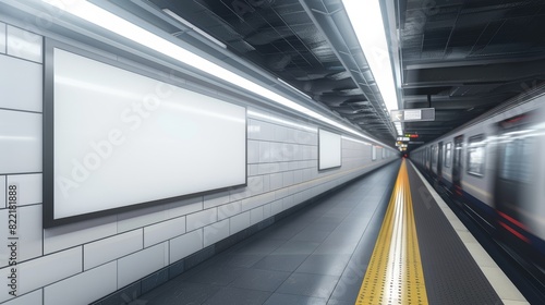 Advertisement mockup for a subway station in NYC with a moving train in the background. Illustration in 3D rendered form.