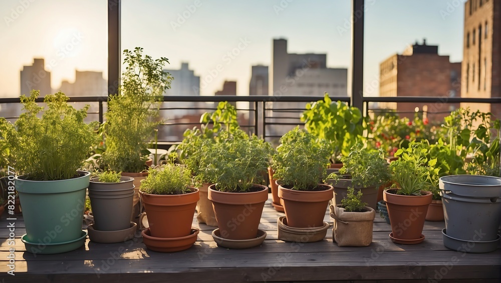 The image shows a variety of potted plants on a rooftop with a cityscape in the background.

