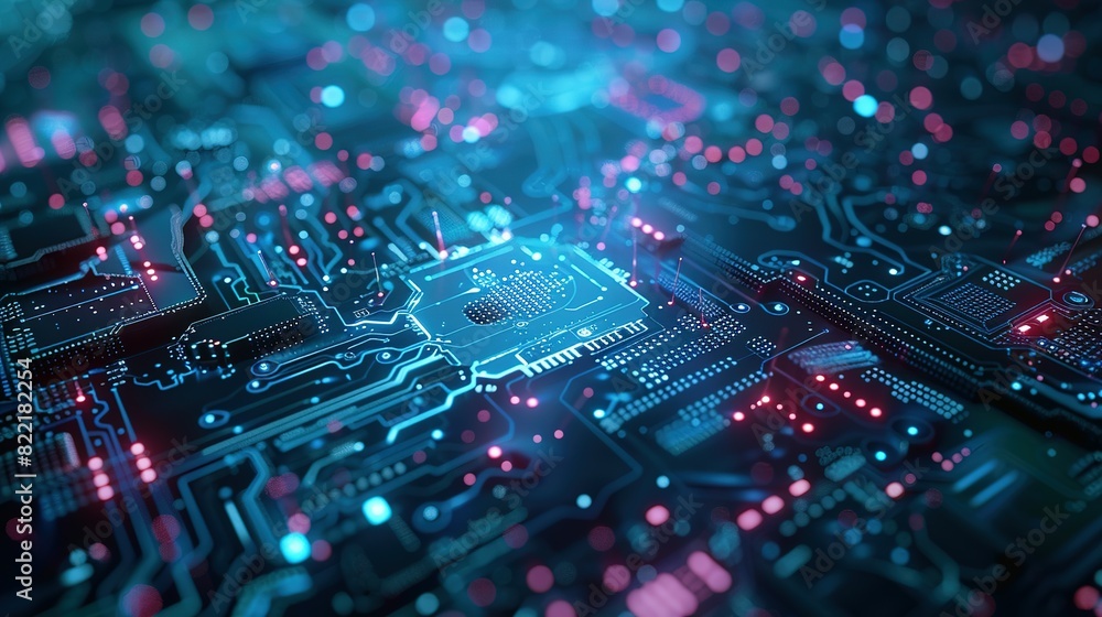 Abstract technology background featuring a quantum computing system with a processor and electronic circuits, artificial neurons, and global data connections. Abstract technology background featuring a quantum computing system with a processor and electronic circuits, artificial neurons, and global data connections.