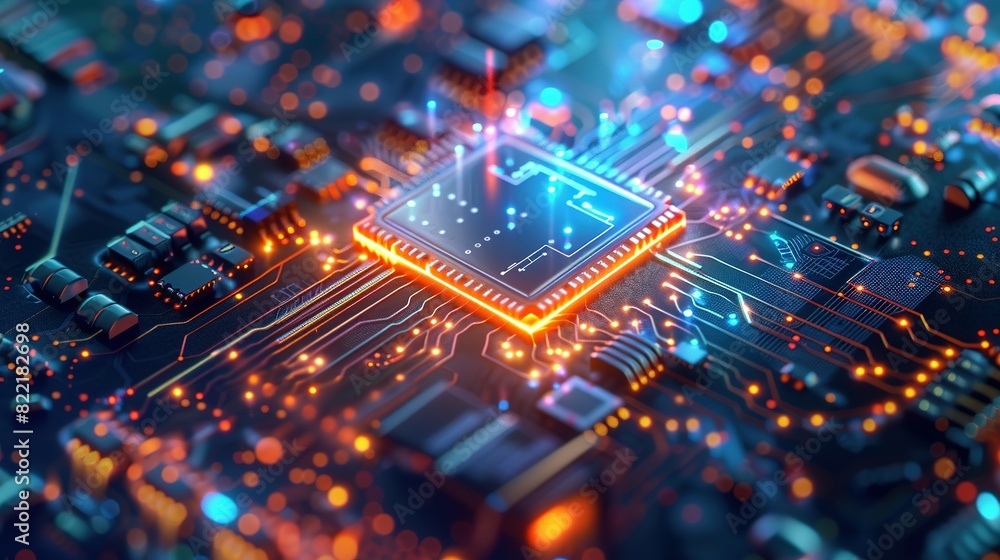 Obraz premium Abstract technology background featuring a quantum computing system with a processor and electronic circuits, artificial neurons, and global data connections.