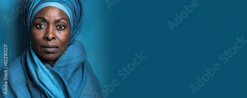 Blue background sad black American independent powerful Woman. Portrait of older mid-aged person beautiful bad mood expression girl Isolated on  photo