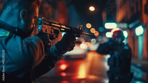 A police officer fires his weapon at a non-violent citizen. Camera focus is on the suspect raising his hands in compliance. Situation escalates after police brutality. photo