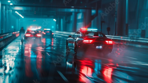 Pedestrians being chased by traffic patrol cars through an industrial area. Driven police squad cars chasing a suspect, sirens, high speed. Police officers on an emergency response call. photo