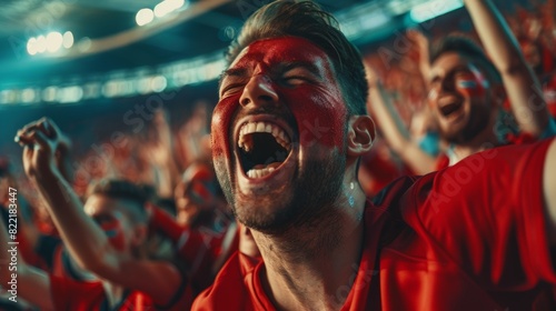 Sport Stadium Big Event: A handsome emotional man cheers. Fans shout for a red soccer team to win. People celebrate scoring a goal and clinching the championship. photo