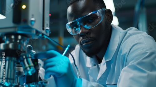 A black specialist works in a high-tech research laboratory with modern equipment as he uses a screwdriver while developing a robot dog concept. A view of an African engineer using a screwdriver