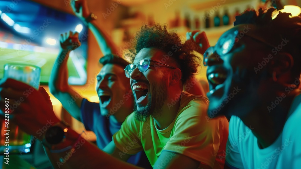 Obraz premium An eclectic group of friends watch a live football match in a sports bar. A three-man cheering squad yells and shouts. Young people toast their beer glasses when their team wins the World Cup.