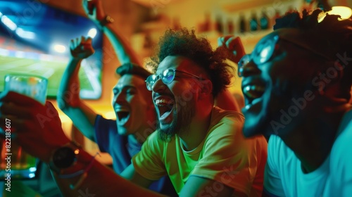 An eclectic group of friends watch a live football match in a sports bar. A three-man cheering squad yells and shouts. Young people toast their beer glasses when their team wins the World Cup. © Антон Сальников