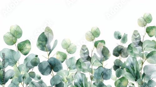 Green watercolor floral banner with silver dollar eucalyptus leaves and branches isolated on white. © Bundi