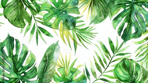 Watercolor tropical plants background. Exotic palm leaves  jungle trees  and Brazilian tropic Boran elements. Perfect for textile design. Aloha.