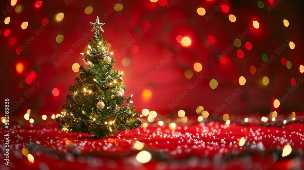 A gold and silver Christmas tree on a red background, with bright decorations for a merry Xmas greeting. Copies can be typed in. A gold and silver Christmas tree on a red background, with bright decorations for a merry Xmas greeting. Copies can be typed in.