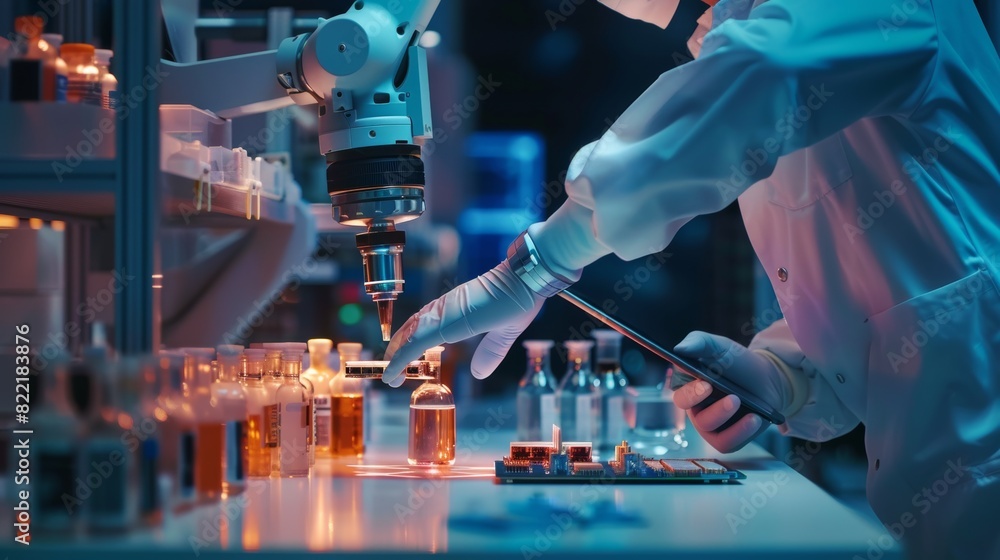 A professional in industrial robotics interacts with a robot arm within a high-tech startup. A scientist manipulates and programs the robot to move a microchip. A professional in industrial robotics interacts with a robot arm within a high-tech startup. A scientist manipulates and programs the robot to move a microchip.