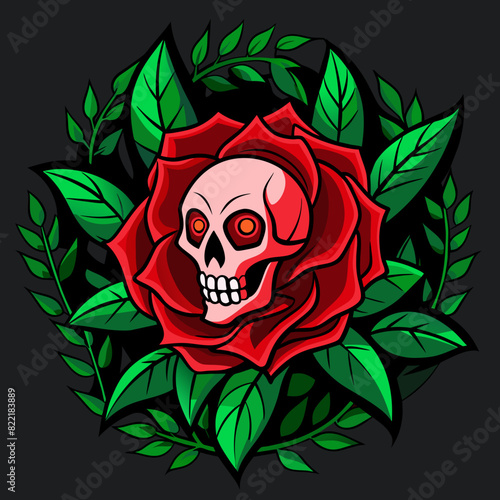 Art piece of a red rose in full bloom with a skull at its core, surrounded by green leaves on a dark background