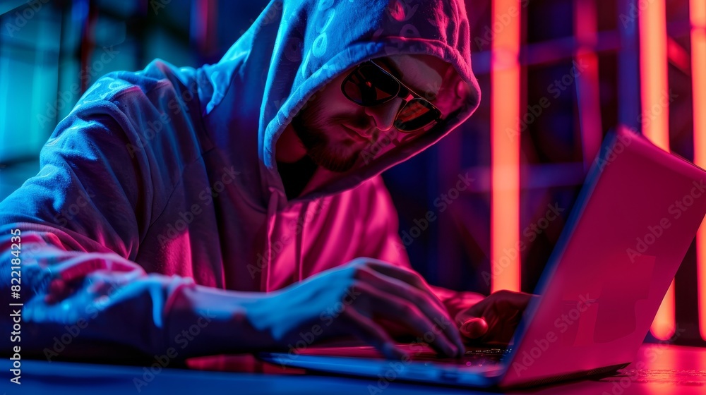 An Internet hacker using a laptop hacking data security. A cyber attack.