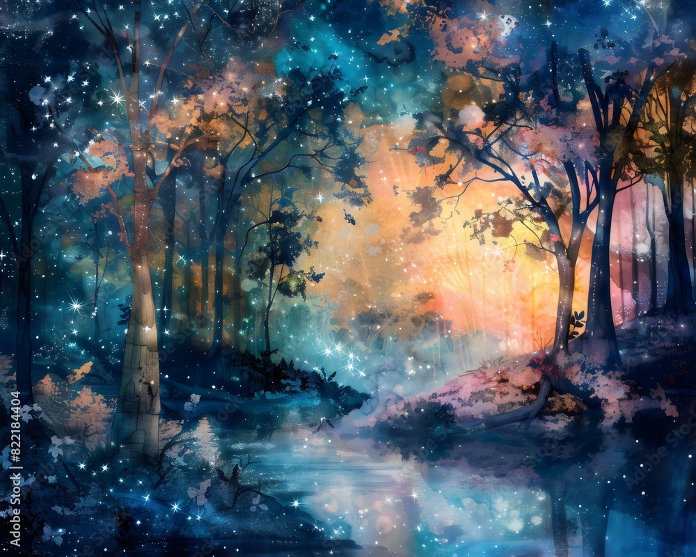 custom made wallpaper toronto digitalMystical Forest with Starry Night Watercolor