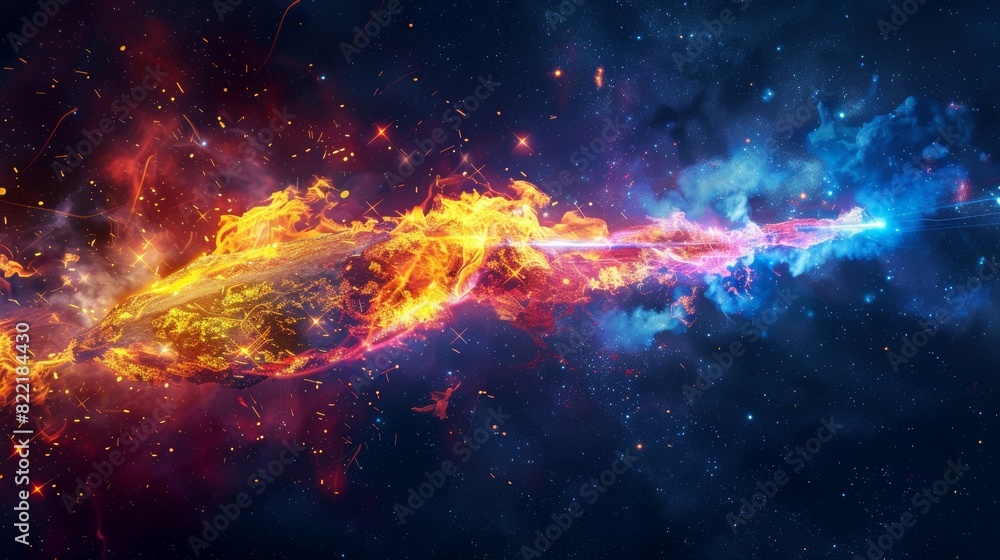Fototapeta premium A space abstract background, flashes of light, lasers through stone, bright colors, burning comet