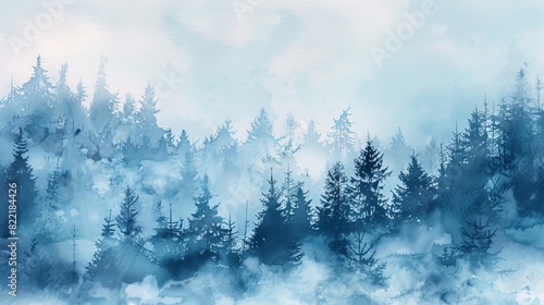 An image of the foggy forest, covered in snow, atop a hill in the winter. Wild nature, frozen, misty, taiga. Watercolor background. © Bundi